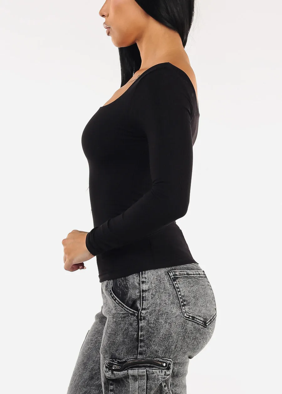 Stretchy Long Sleeve Square Neck Ribbed Top Black sold by Moda product image thumbnail 3