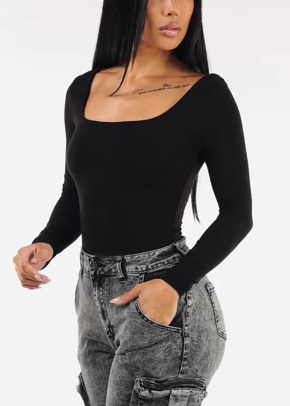 Stretchy Long Sleeve Square Neck Ribbed Top Black sold by Moda