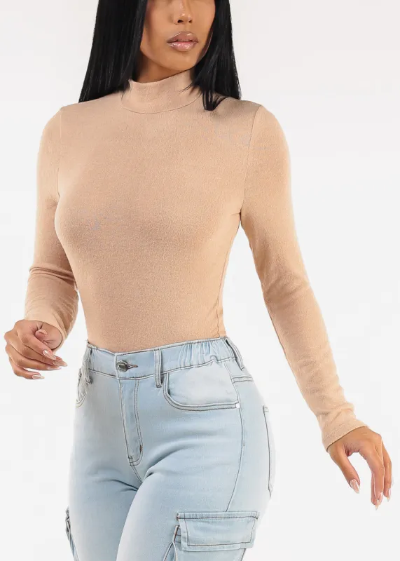 Long Sleeve Mock Neck Stretch Top Taupe sold by Moda