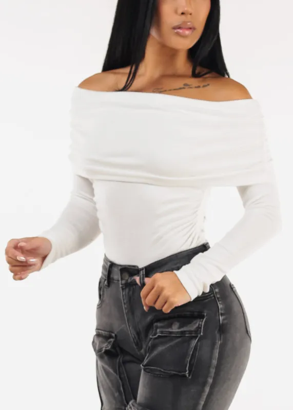 Ruched Off Shoulder Stretch Top White sold by Moda