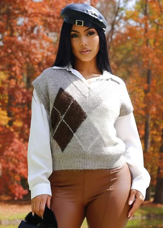 Sleeveless Vneck Knitted Sweater Vest Taupe sold by Moda