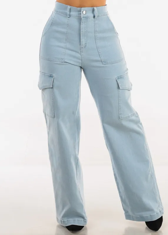 Super High Waist Stretch Wide Leg Cargo Jeans Light Blue sold by Moda