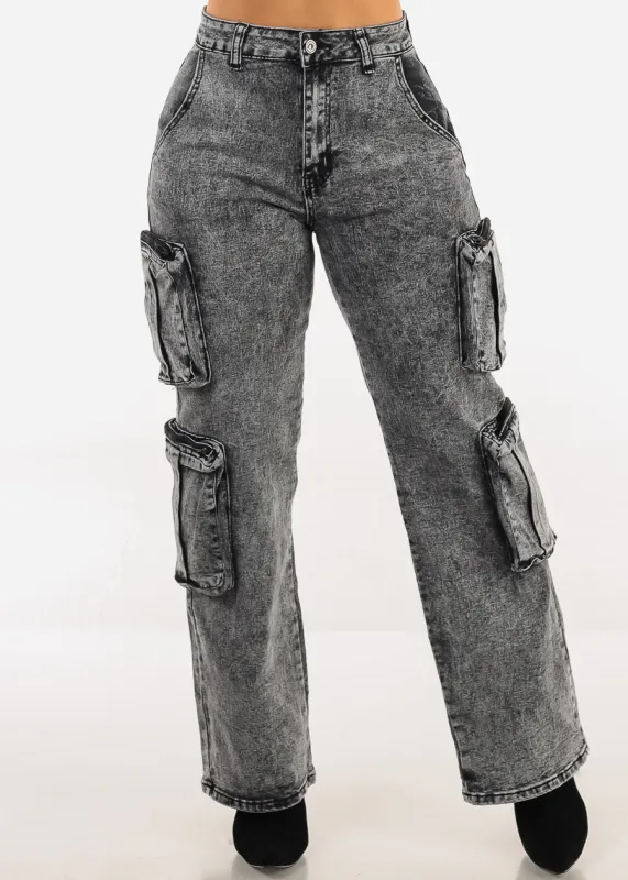 High Waisted Stretch Cargo Jeans Black Acid Wash sold by Moda