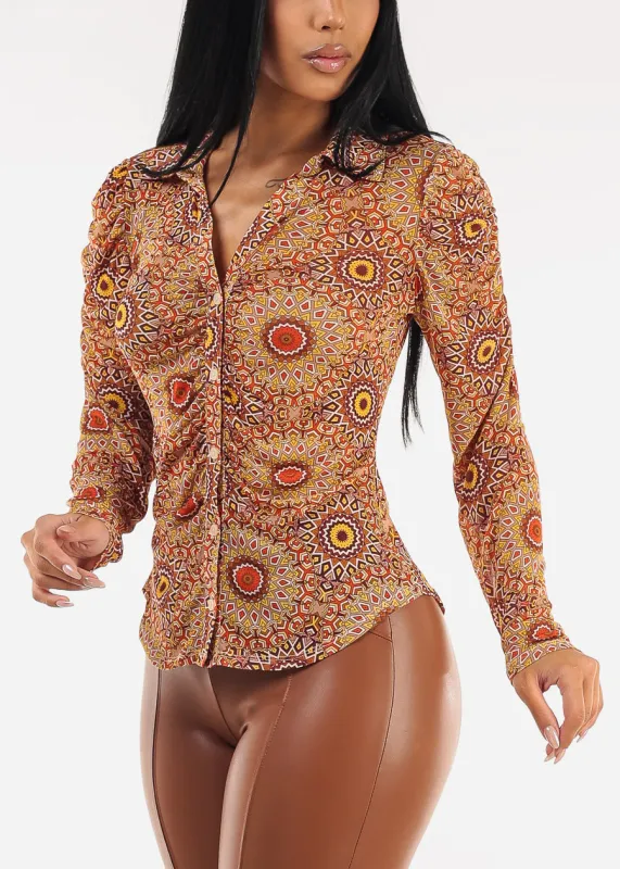 Ruched Long Sleeve Button Up Printed Mesh Blouse Orange sold by Moda