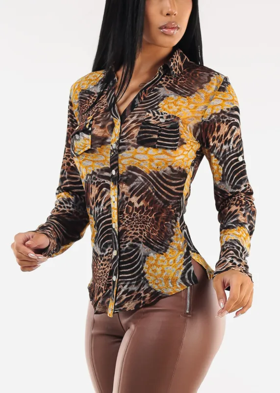 Long Sleeve Button Up Animal Print Mesh Blouse sold by Moda