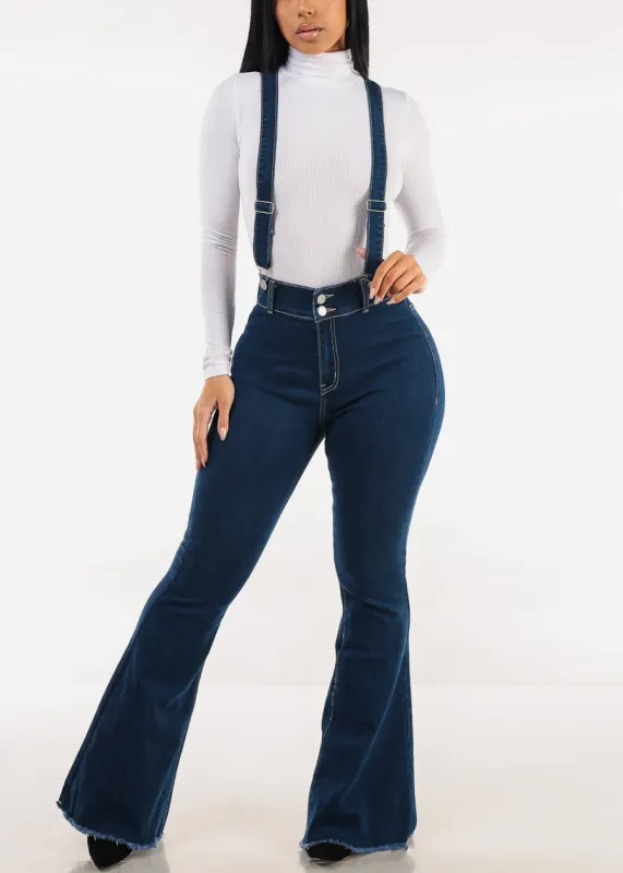 High Waisted  Stretch Flared Jeans Dark Wash w Suspenders sold by Moda