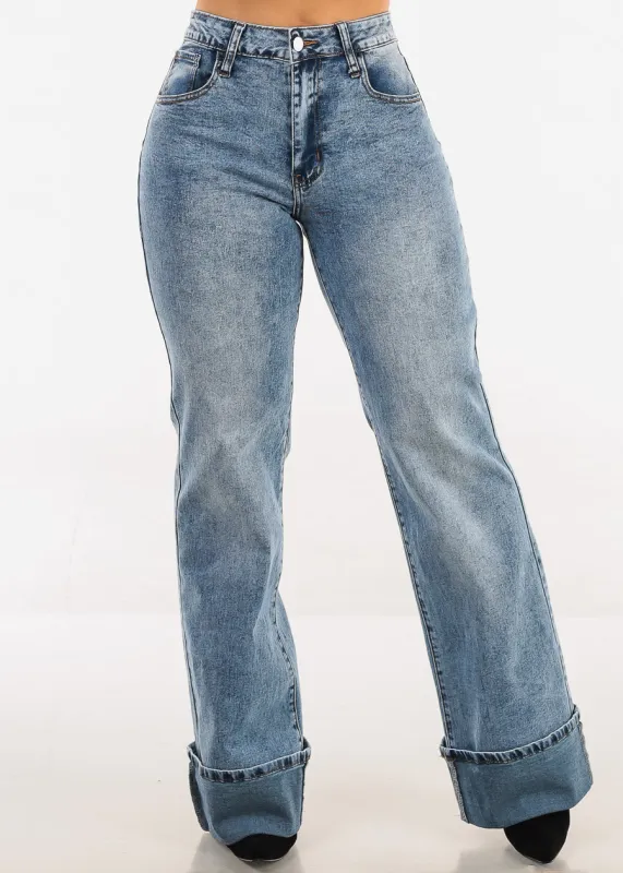 Stretchy High Waist Cuffed Wide Leg Jeans Acid Wash sold by Moda