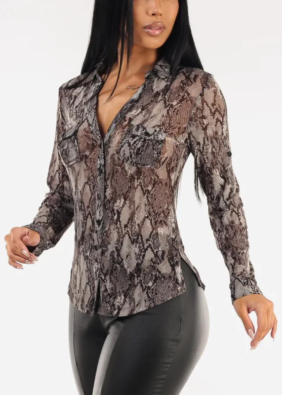 Long Sleeve Button Up Snake Print Mesh Blouse sold by Moda