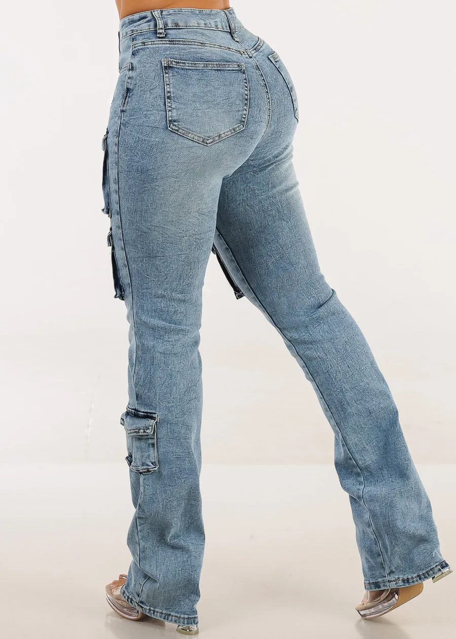 Stretchy High Waist Stacked Leg Cargo Jeans Acid Wash sold by Moda product image thumbnail 4