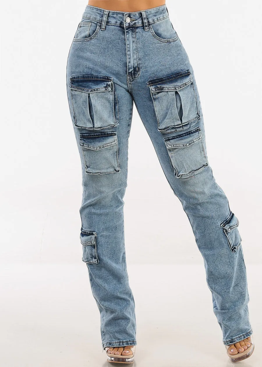 Stretchy High Waist Stacked Leg Cargo Jeans Acid Wash sold by Moda