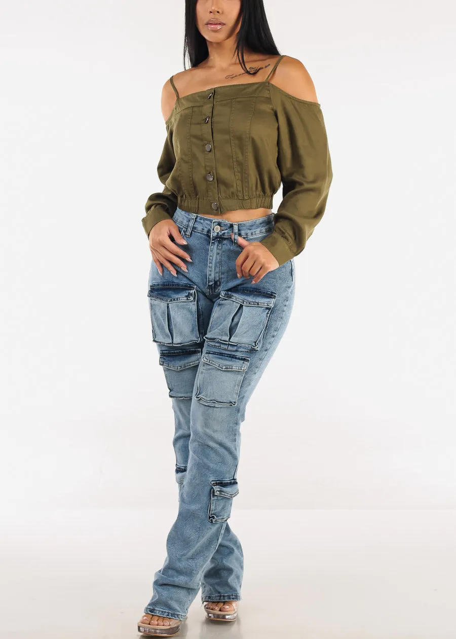 Stretchy High Waist Stacked Leg Cargo Jeans Acid Wash sold by Moda product image thumbnail 2