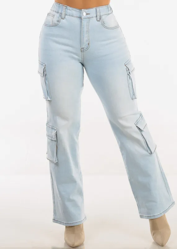 High Waisted Stretch Cargo Jeans Light Wash sold by Moda
