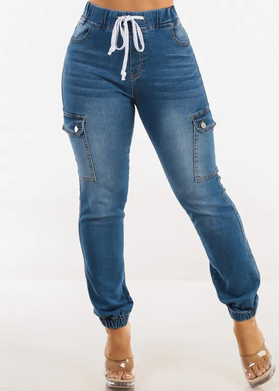 High Waist Stretchy Cargo Jogger Jeans Med Wash sold by Moda