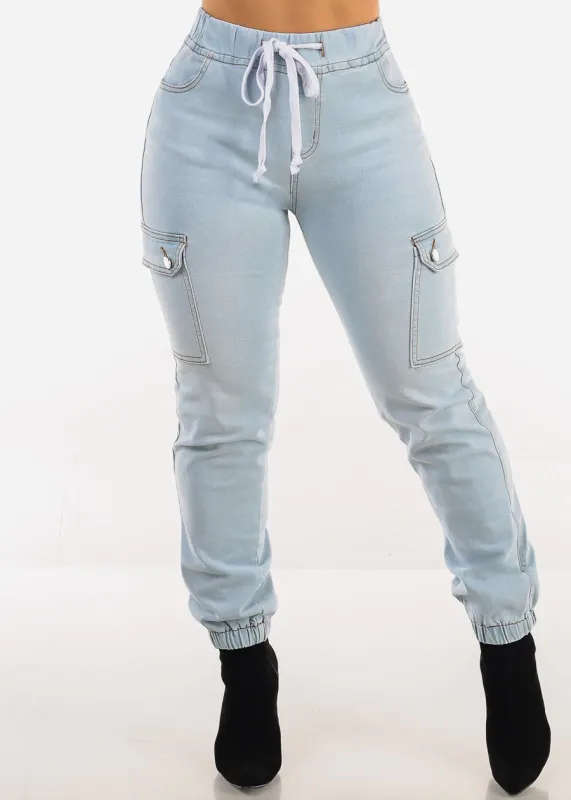 High Waist Stretchy Cargo Jogger Jeans Light Wash sold by Moda