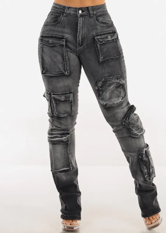 Stretchy High Waist Stacked Leg Cargo Jeans Black Acid Wash sold by Moda