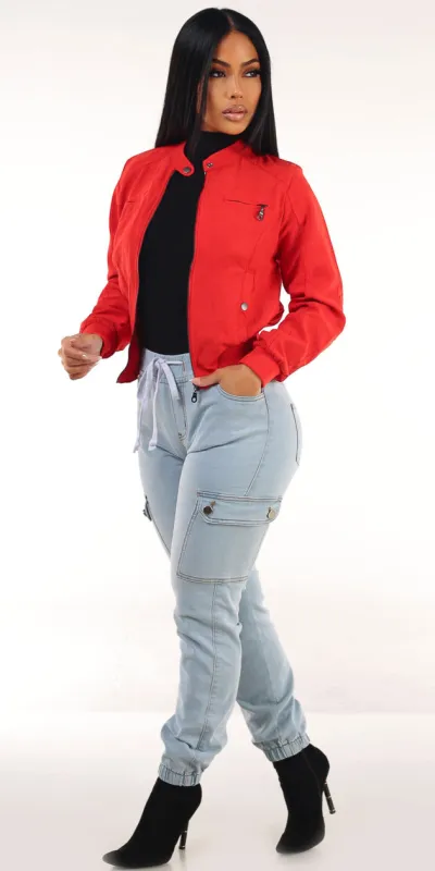 Red Knit Denim Joggers Outfit sold by Moda