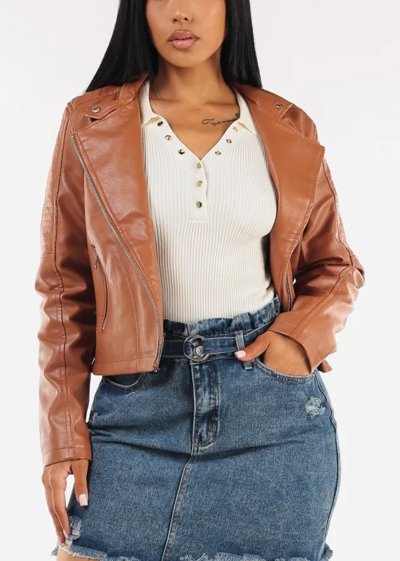 Zip Up Vegan Leather Moto Jacket Light Brown sold by Moda
