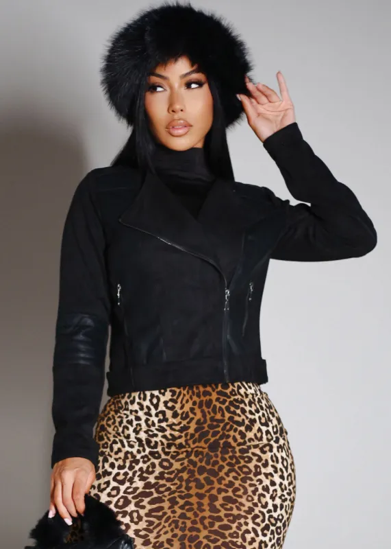 Zip Up Suede Biker Jacket Black sold by Moda