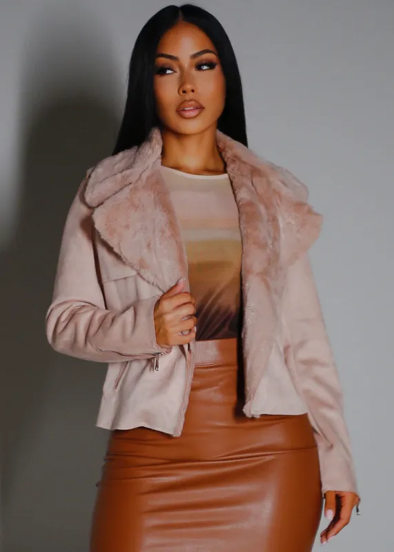 Zip Up Long Sleeve Suede Jacket Blush w Faux Fur sold by Moda
