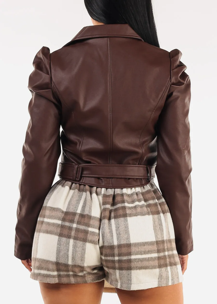 Vegan Leather Puff Sleeve Zip Up Jacket Brown sold by Moda product image thumbnail 4