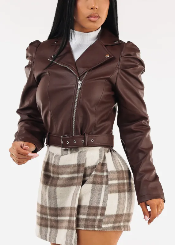 Vegan Leather Puff Sleeve Zip Up Jacket Brown sold by Moda
