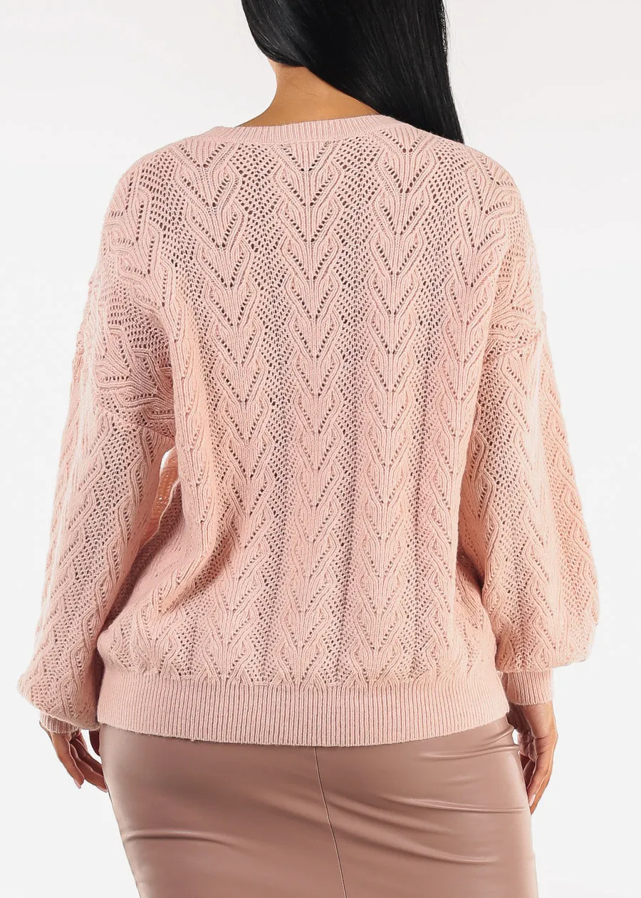 Long Sleeve Round Neck Cable Knit Sweater Pink sold by Moda product image thumbnail 4