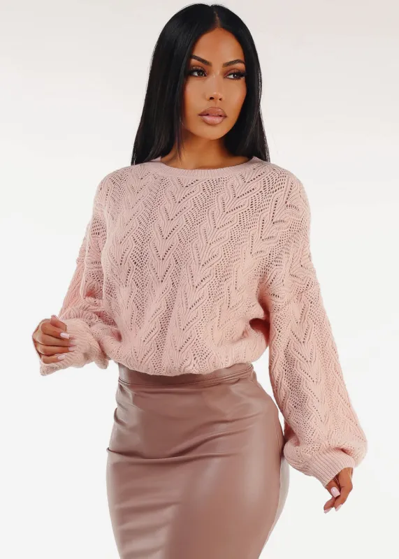 Long Sleeve Round Neck Cable Knit Sweater Pink sold by Moda