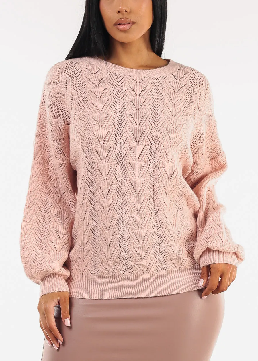 Long Sleeve Round Neck Cable Knit Sweater Pink sold by Moda product image thumbnail 5