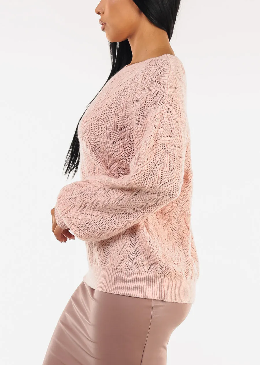 Long Sleeve Round Neck Cable Knit Sweater Pink sold by Moda product image thumbnail 3
