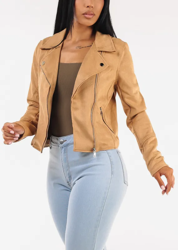 Zip Up Long Sleeve Suede Moto Jacket Khaki sold by Moda