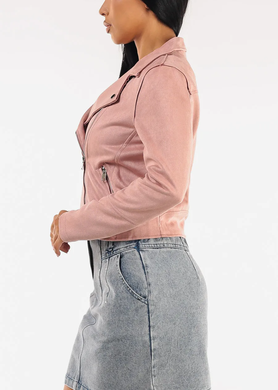 Zip Up Long Sleeve Faux Suede Moto Jacket Mauve sold by Moda product image thumbnail 3