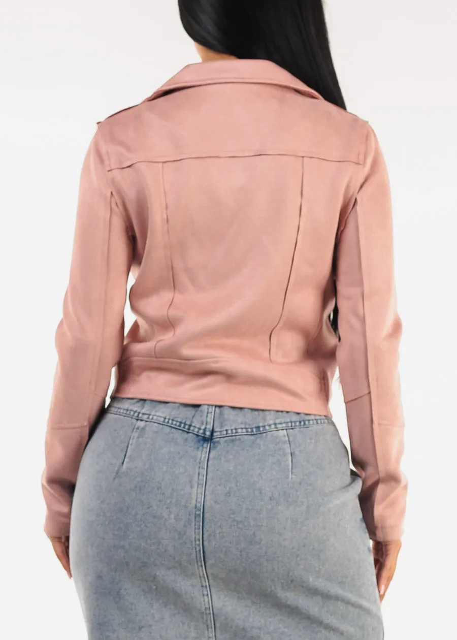 Zip Up Long Sleeve Faux Suede Moto Jacket Mauve sold by Moda product image thumbnail 4