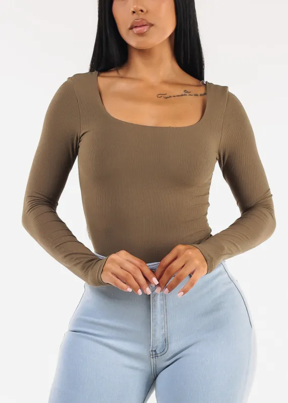Stretchy Long Sleeve Square Neck Ribbed Top Olive sold by Moda