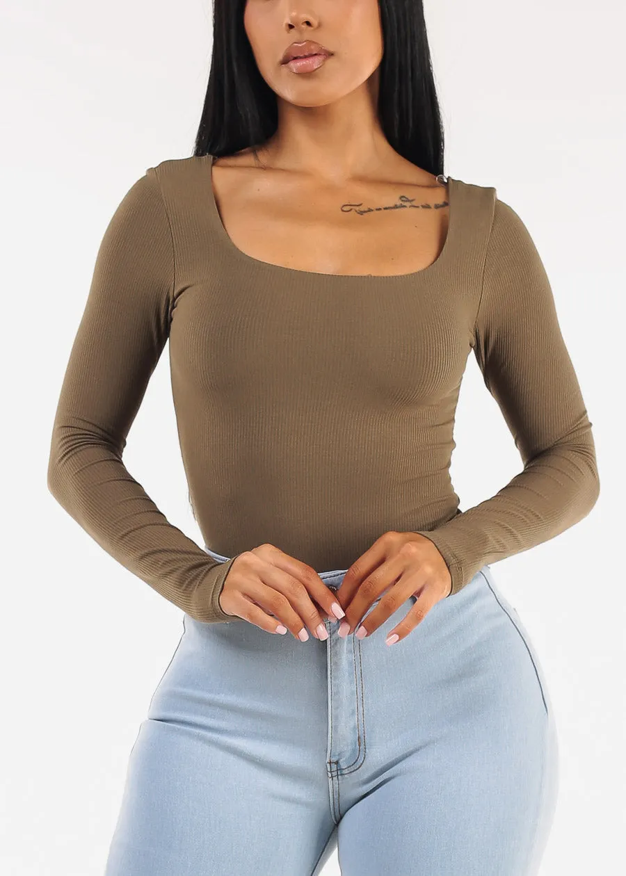 Stretchy Long Sleeve Square Neck Ribbed Top Olive sold by Moda