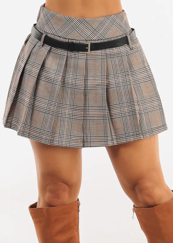 Pleated Plaid Mini Skirt Brown sold by Moda