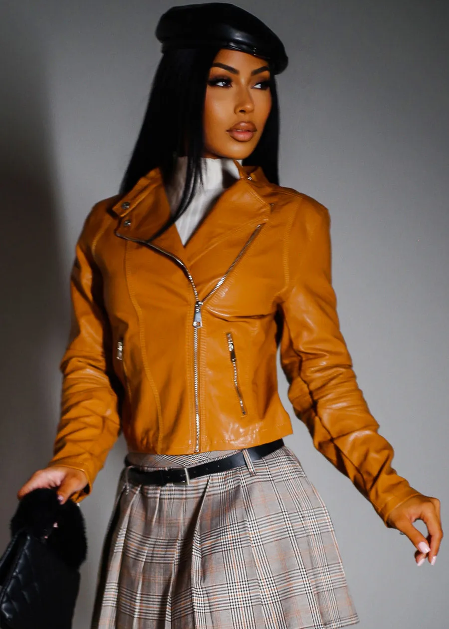 Vegan Leather Zip Up Moto Jacket Khaki sold by Moda