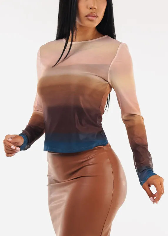 Stretch Long Sleeve Ombre Mesh Top Blush sold by Moda