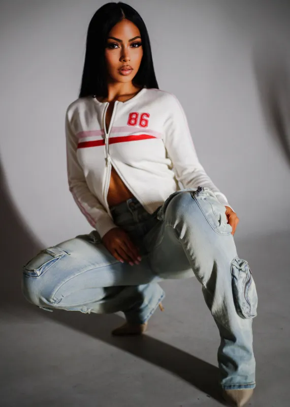 Long Sleeve Zip Up Stretch Sweater Off White sold by Moda