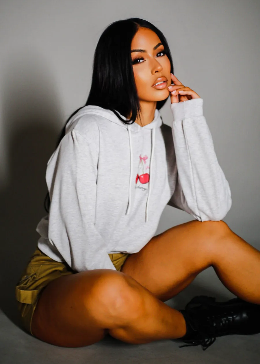 Long Sleeve Fleece Graphic Hoodie Heather Grey "Very Cherry" sold by Moda