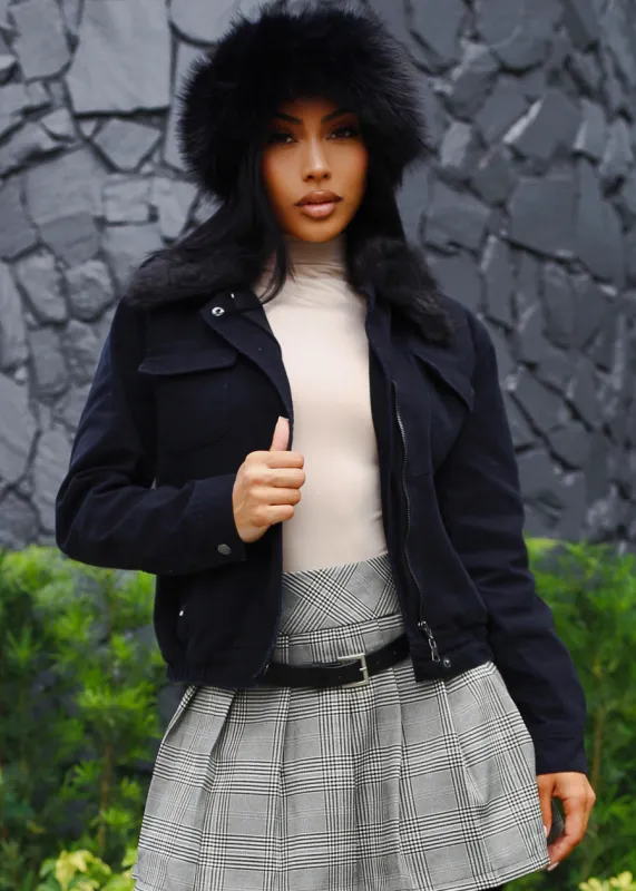 Black Zip Up Cotton Jacket w Faux Fur sold by Moda