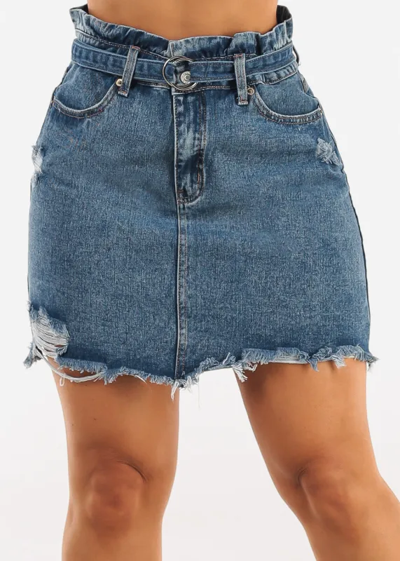 Distressed Med Blue Denim Mini Skirt w Belt sold by Moda