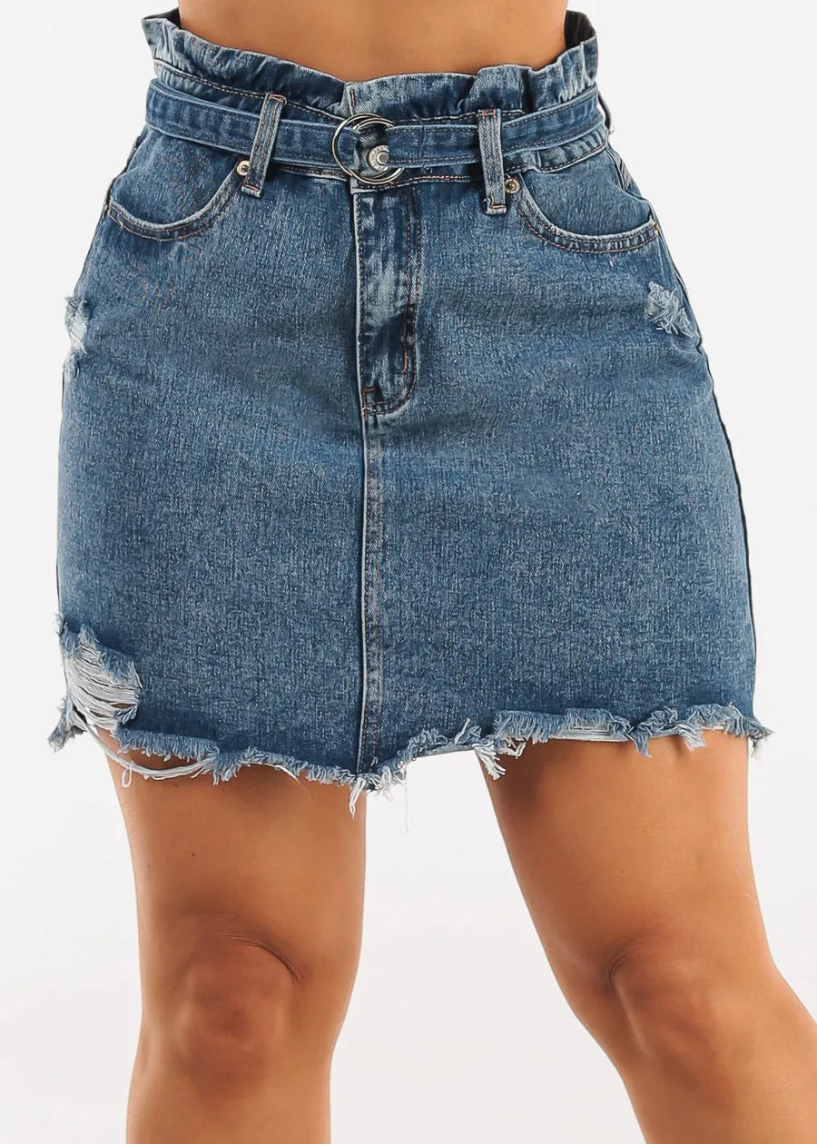 Distressed Med Blue Denim Mini Skirt w Belt sold by Moda