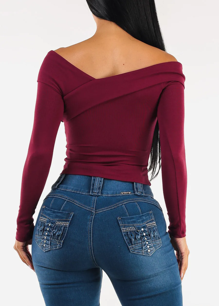 Off Shoulder Long Sleeve Stretch Top Burgundy sold by Moda product image thumbnail 5