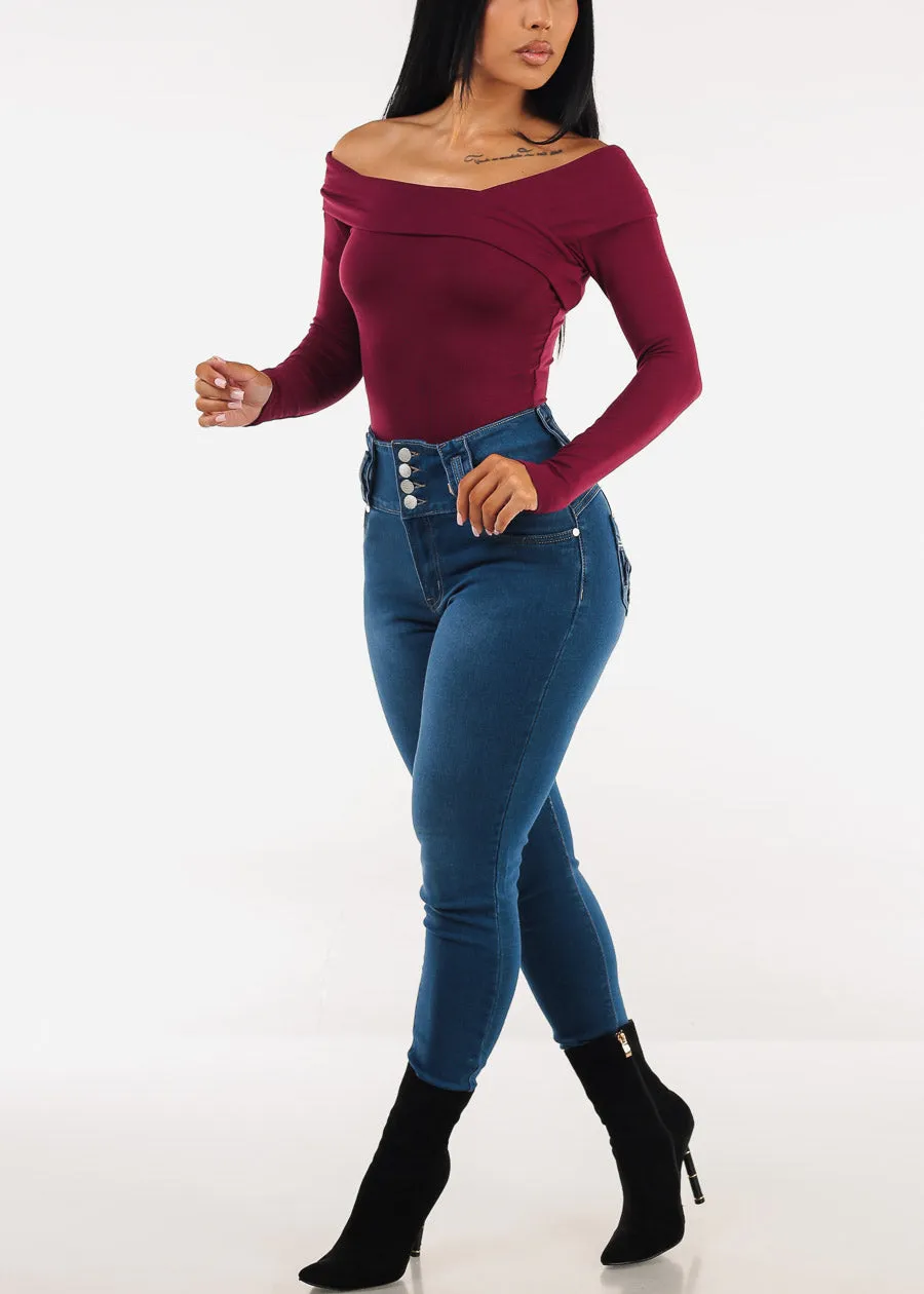 Off Shoulder Long Sleeve Stretch Top Burgundy sold by Moda product image thumbnail 2