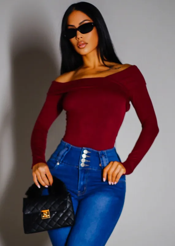 Off Shoulder Long Sleeve Stretch Top Burgundy sold by Moda