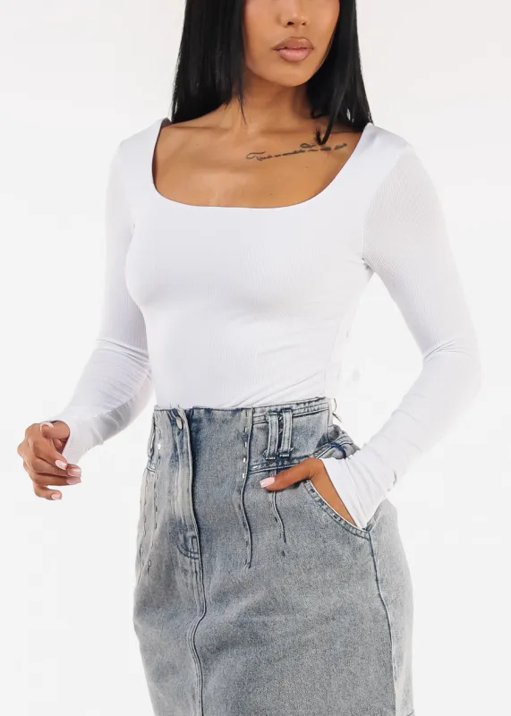 Stretchy Long Sleeve Square Neck Ribbed Top White sold by Moda