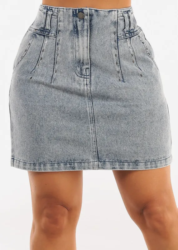 High Waist Denim Mini Skirt w Pockets sold by Moda