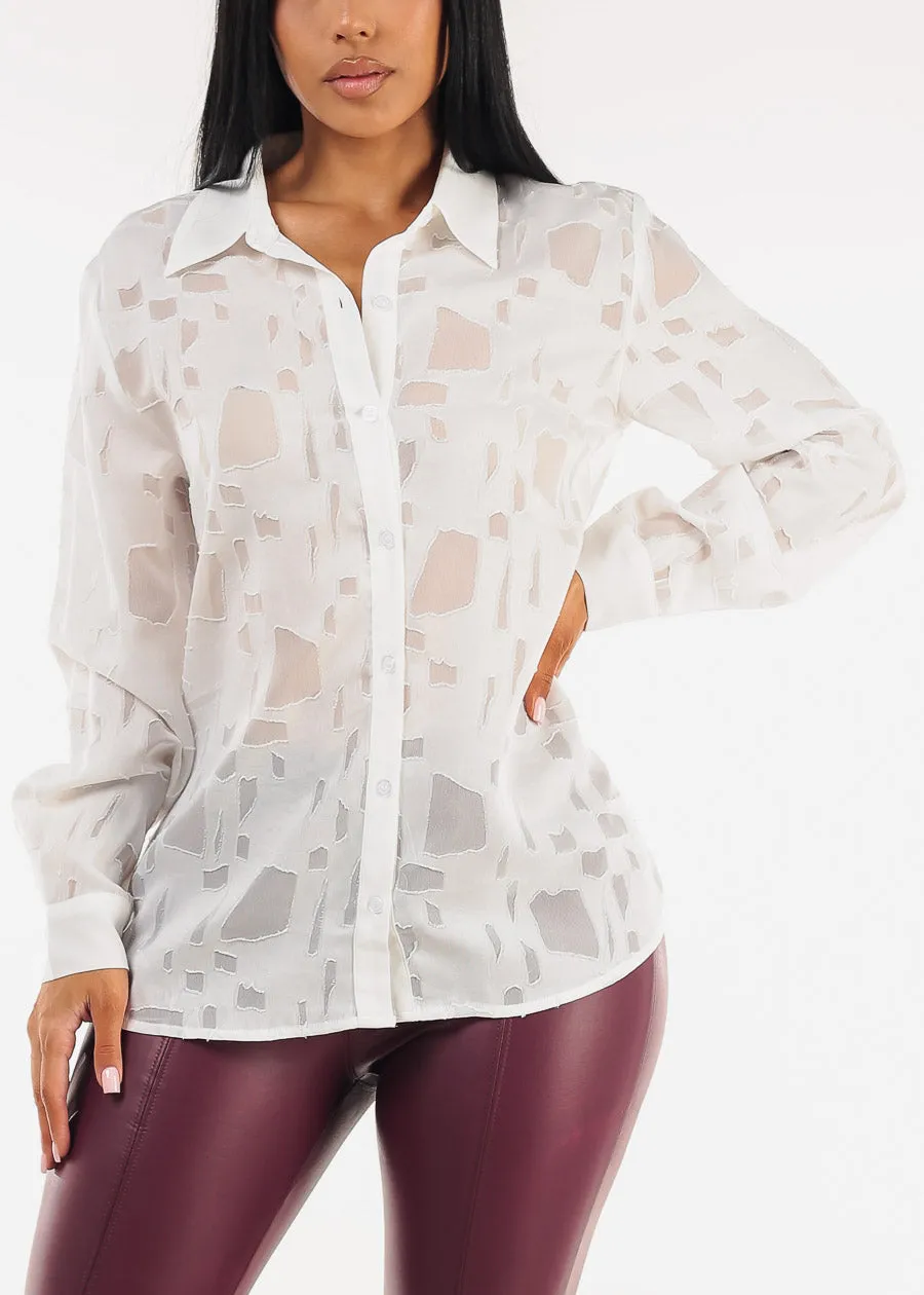 White Long Sleeve Button Up Textured Collared Blouse sold by Moda product image thumbnail 5