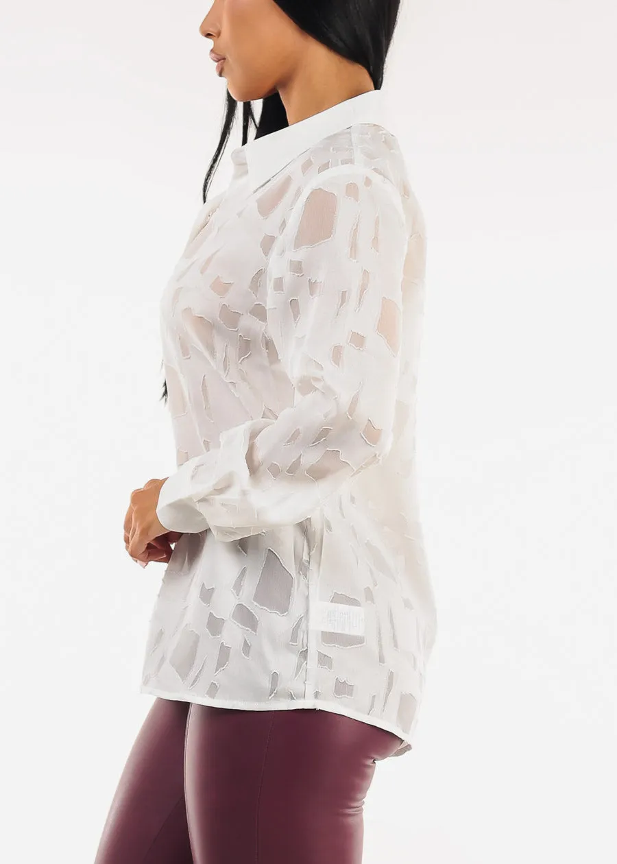 White Long Sleeve Button Up Textured Collared Blouse sold by Moda product image thumbnail 3