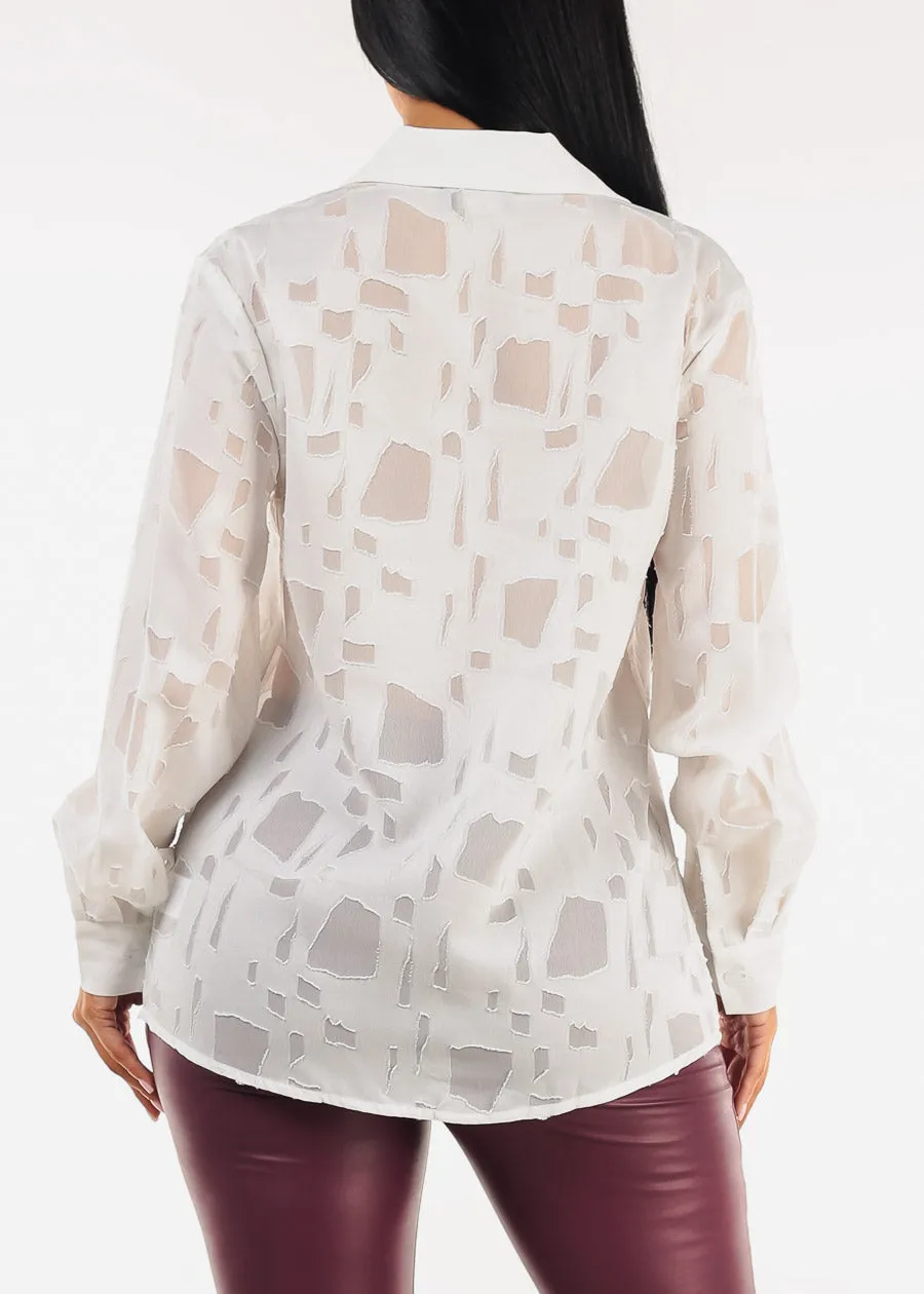 White Long Sleeve Button Up Textured Collared Blouse sold by Moda product image thumbnail 4